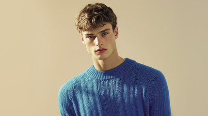 Fototapeta premium Fashion handsome boy in stylish blue sweater on one tone background. Fall winter concept.