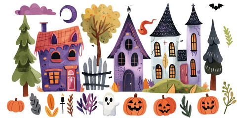Charming watercolor illustration of a whimsical Halloween scene with haunted houses, pumpkins, and spooky elements. Playful Halloween Scene Watercolor Illustration


