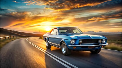 Fototapeta premium Sunset Boulevard: A Classic American Muscle Car Cruising Under a Vibrant Sunset AI generated