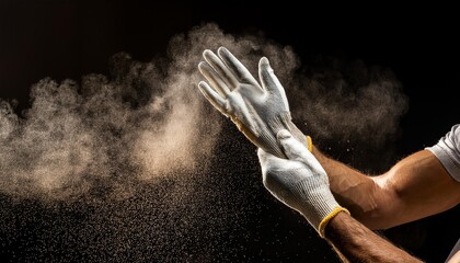 Fototapeta premium Heavy duty work gloves on hands surrounded by dust cloud