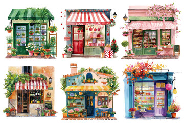 Fototapeta premium A collection of watercolor illustrations showcasing quaint and colorful shop fronts adorned with flowers, awnings, and charming details. Charming Watercolor Illustrations of Quaint Shops