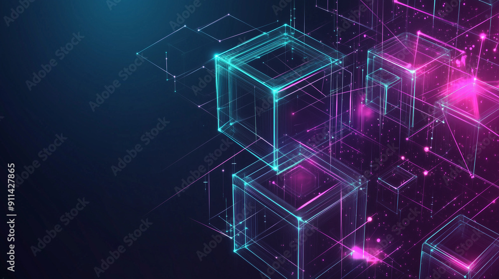 Poster abstract digital blocks on a technology background with holographic cubes and glowing lines in blue,