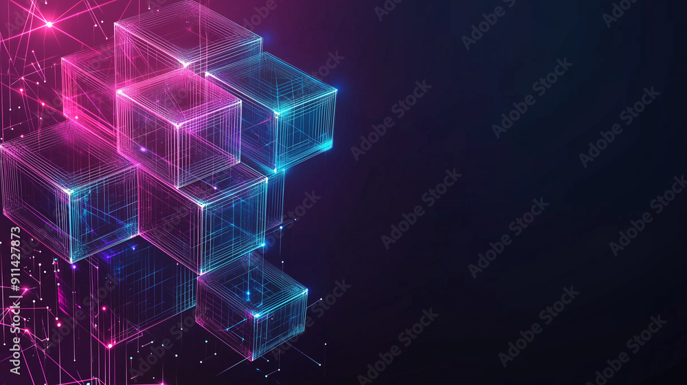 Poster Abstract digital blocks on a technology background with holographic cubes and glowing lines in blue, purple, and pink colors on a dark black backdrop. This high-quality vector illustration showcases a