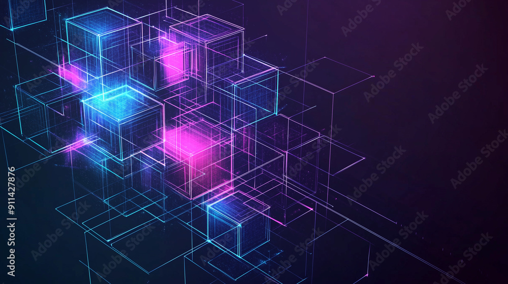 Fototapete abstract digital blocks on a technology background with holographic cubes and glowing lines in blue,