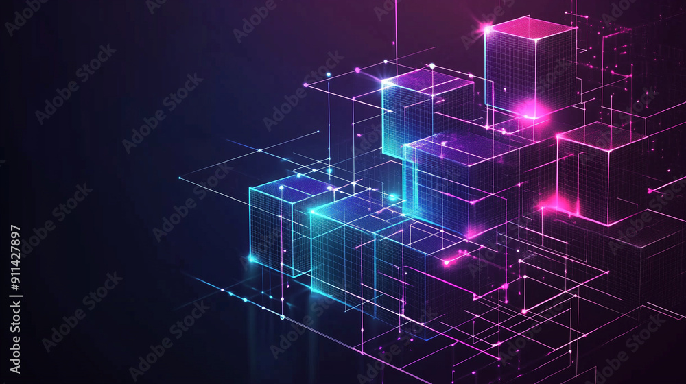 Poster abstract digital blocks on a technology background with holographic cubes and glowing lines in blue,