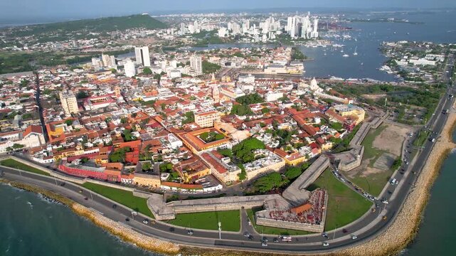 Beautiful aerial view of the walled city of Cartagena de Indias, in Colombia - the Santuario de San Pedro Claver, Torre del Reloj and the Catedral de Santa Catalina de Alejandr&iacute;a
