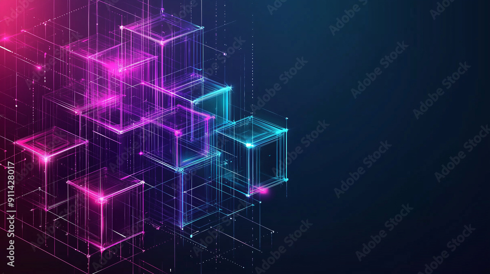 Poster Abstract digital blocks on a technology background with holographic cubes and glowing lines in blue, purple, and pink colors on a dark black backdrop. This high-quality vector illustration showcases a