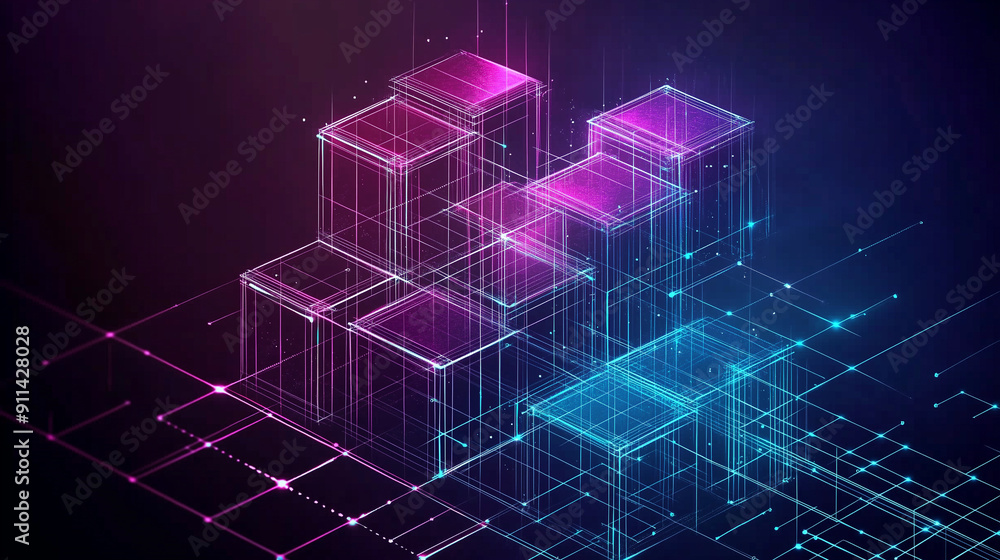 Fototapete abstract digital blocks on a technology background with holographic cubes and glowing lines in blue,