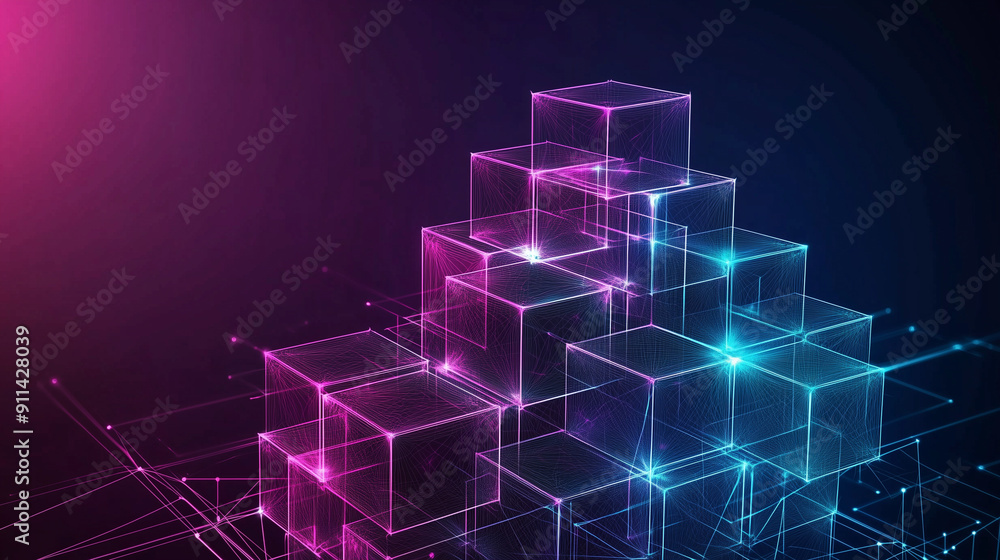 Fototapete abstract digital blocks on a technology background with holographic cubes and glowing lines in blue,