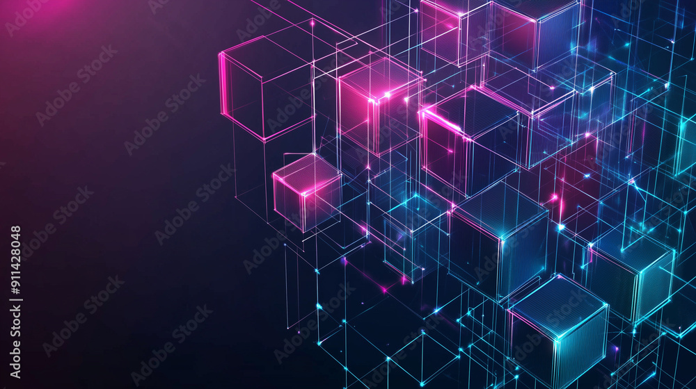 Fototapete abstract digital blocks on a technology background with holographic cubes and glowing lines in blue,
