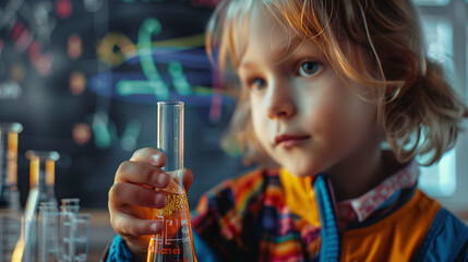 Child Examining Test Tube in Classroom