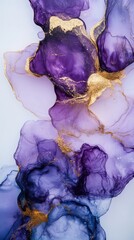 Obraz premium Abstract Fluid Art with Purple and Gold Ink Swirls on White Background