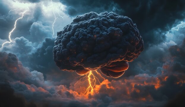 a huge dark cloud in the shape of an human brain floating through stormy clouds and lightning, high resolution photography, epic fantasy scene, cinematic