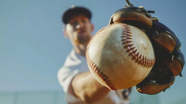 A close-up shot of a baseball player catching a ball with his glove, focused on the ball against a clear blue sky.