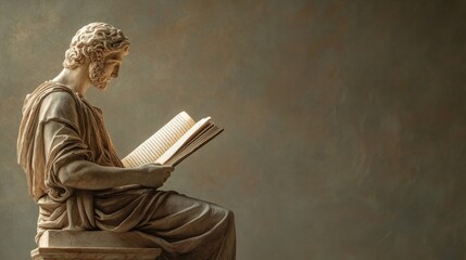 A classical Greek sculpture depicts a philosopher deeply engaged in reading ancient texts, showcasing focus and contemplation