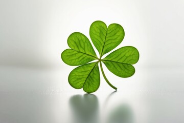 Green Four Leaf Clover Gracefully Positioned on Smooth Surface With Soft Lighting