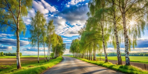 Serene landscape featuring a winding paved road flanked by a picturesque avenue of slender birch trees, set against a bright blue sky with gentle clouds.