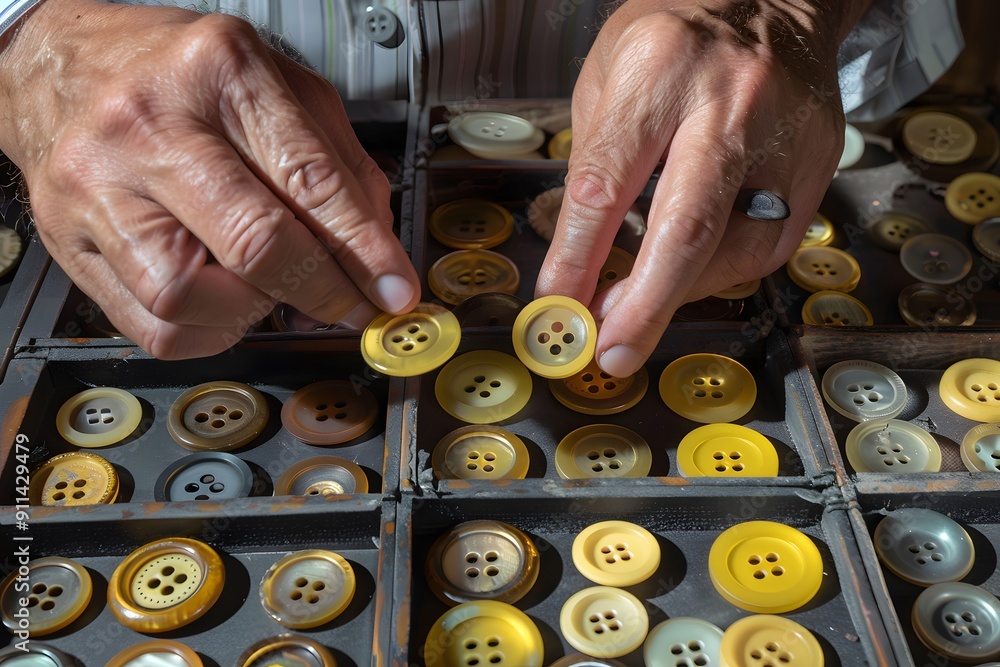 Poster close-up of hands sorting buttons
