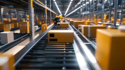 A close up shot of boxes moving on conveyor belts in an advanced warehouse