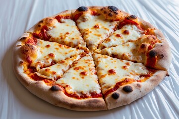 Freshly Baked Cheese Pizza Sliced and Ready to Enjoy on a White Surface