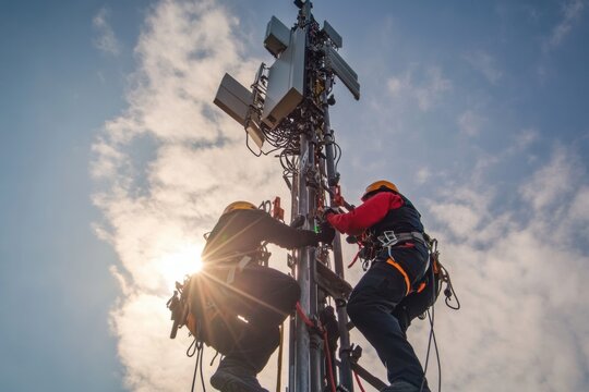 A dramatic image of a team of technicians working on an internet antenna tower, with safety harnesses and tools, set against a bright sky-gigapixel-standard v2-4x
