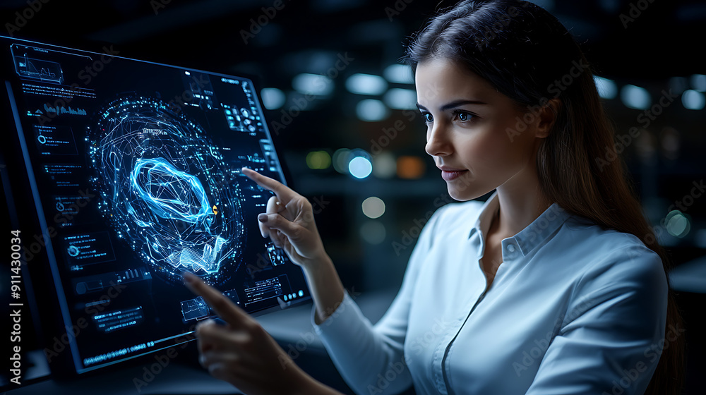 Wall mural a futuristic scene showing a teacher in a high-tech virtual classroom with holographic lesson materi