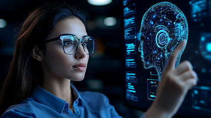 A futuristic scene showing a teacher in a high-tech virtual classroom with holographic lesson materials and AI assistance 