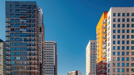 Fototapeta premium Modern residential buildings against a clear blue sky with sunlight reflecting off glass facades Contemporary urban architecture in vibrant colors