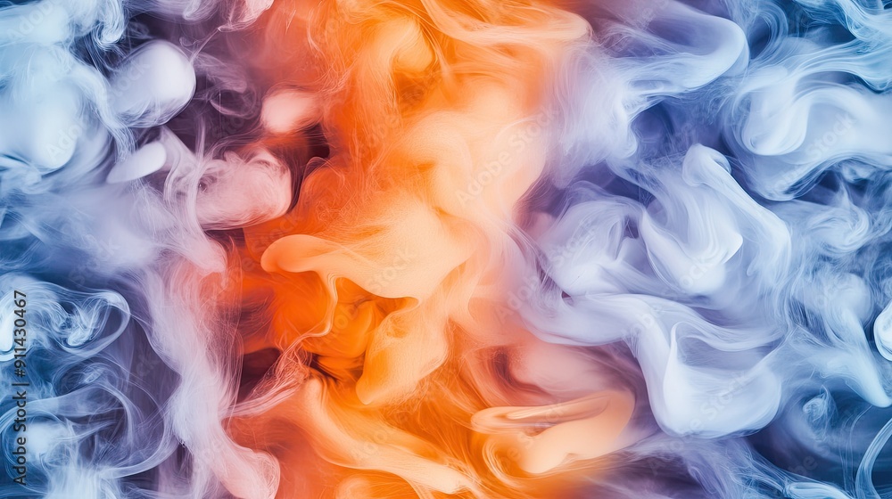 Poster Vibrant orange and blue smoke entwine, creating fluid patterns that captivate the viewer in a mesmerizing display of colors SEAMLESS PATTERN