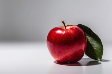 Vibrant Red Apple With Fresh Green Leaf Resting on Bright Surface in Soft Lighting