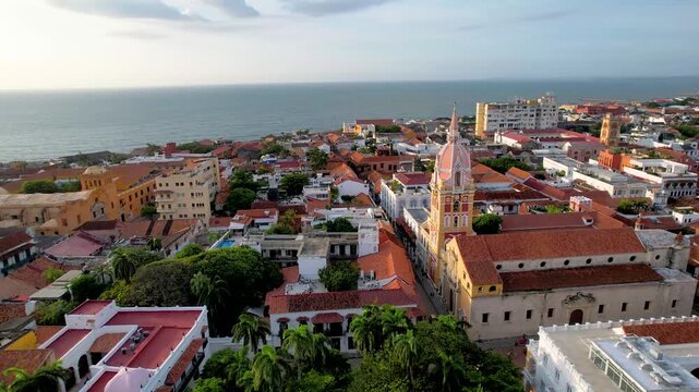 Beautiful aerial view of the walled city of Cartagena de Indias, in Colombia - the Santuario de San Pedro Claver, Torre del Reloj and the Catedral de Santa Catalina de Alejandr&iacute;a