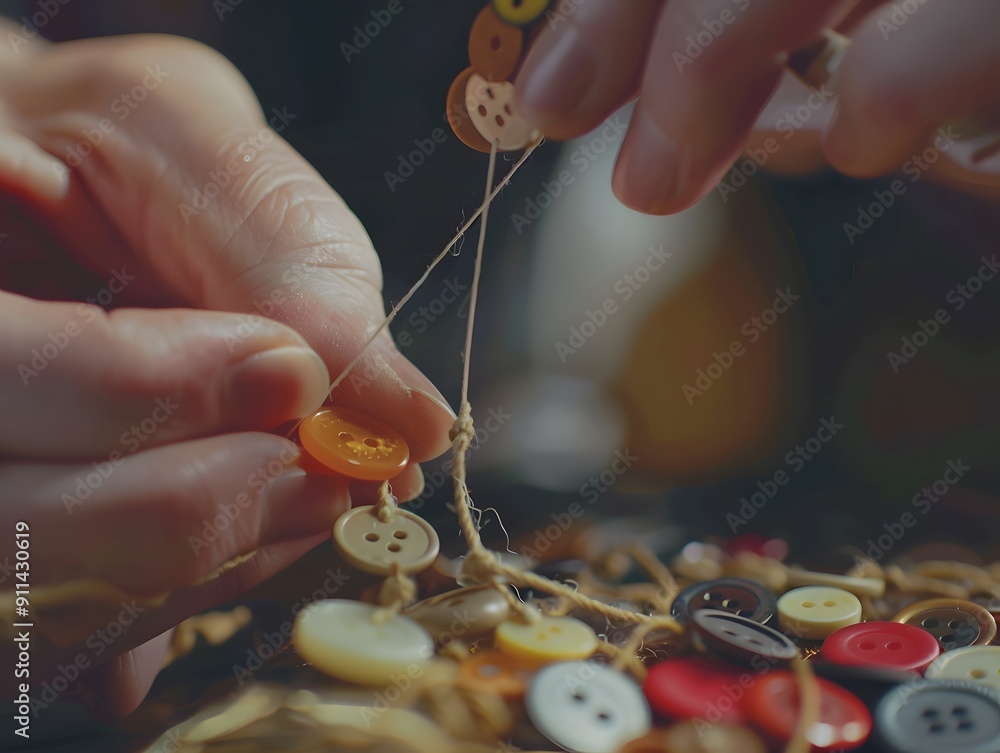 Poster a close-up of a hand threading a button