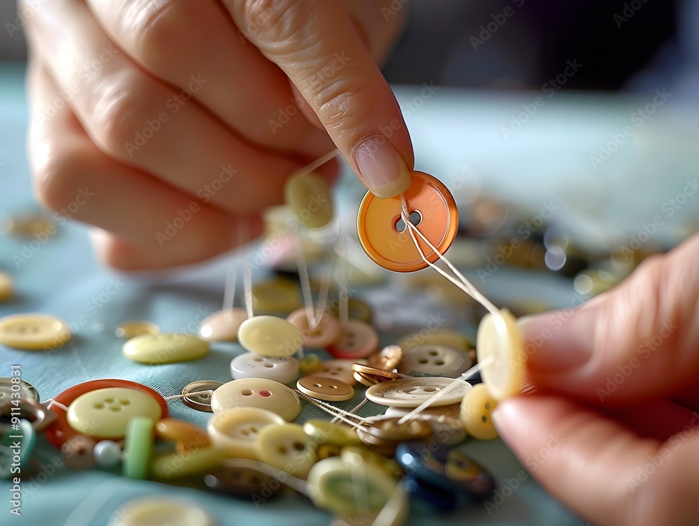 Poster close up of hands threading buttons