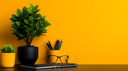 A simple, clean depiction of a teacher’s desk with essential teaching materials and a welcoming plant 