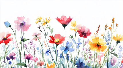 Vibrant watercolor flowers in a field of wildflowers Water color on white background