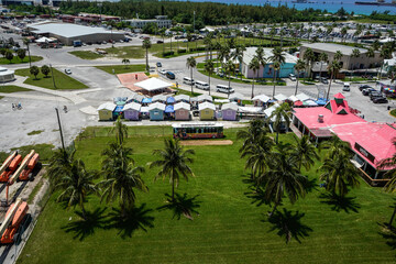 View of Freeport island in the Bahamas from the upper deck of a cruise ship.