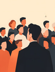 A man in a suit stands facing a crowd of people, their faces turned towards him in anticipation.