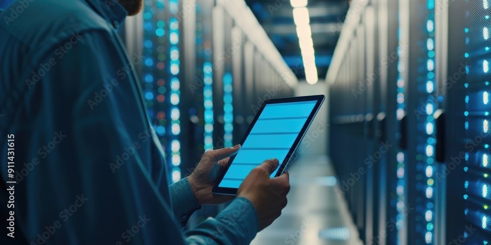 Poster proficient technician navigating supercomputers to provide web content to online clientele technicia