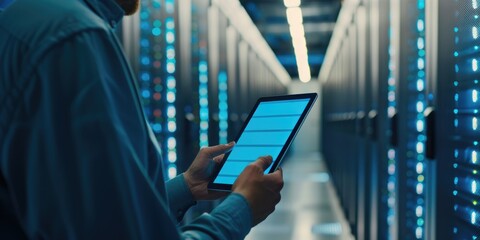 Proficient technician navigating supercomputers to provide web content to online clientele Technician in data center employing tablet to monitor flawless operation of critical systems close