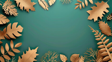 autumn golden leaves frame a green empty background, copyspace, space for text, postcard, fall, plants, flowers, nature, yellow, gold, sheet of paper, cut out natural ornament, patterns, wallpaper