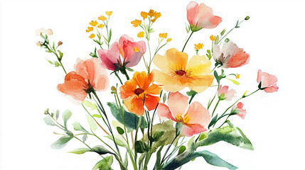 Watercolor flowers in a rustic wildflower style Water color on white background