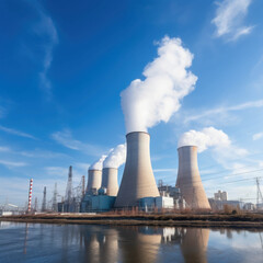 Modern Industrial Power Plant with Tall Smokestacks Emitting Steam into the Blue Sky