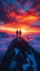 Fototapeta premium Teamwork Concept with Hikers Reaching Mountain Summit at Vibrant Sunset