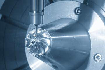 The 5-axis CNC milling machine  cutting the turbocharger part with solid ball nose end mill tool.