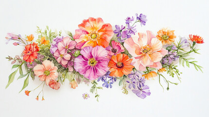 Watercolor flowers in a whimsical arrangement Water color on white background