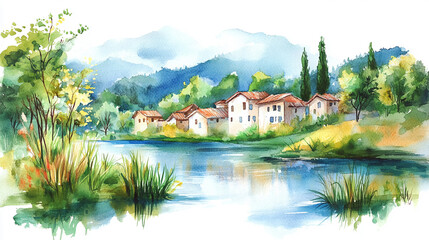 Obraz premium Watercolor illustration of a peaceful village Water color on white background