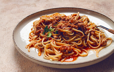 Spaghetti Bolognese, top view, close-up, without people, homemade,