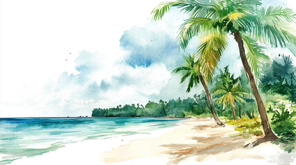 Watercolor illustration of a tropical beach Water color on white background