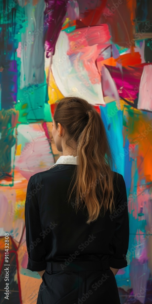 Wall mural Professional woman in front of a bold abstract scene.