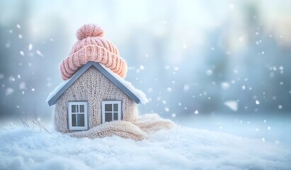 Naklejka premium A small house made of woolen fabric with a knitted hat on top, standing in the snow and wrapped up to keep warm,